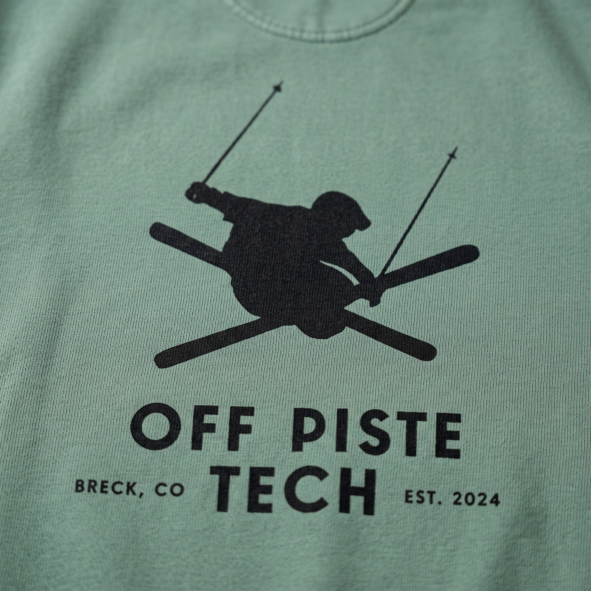 Off Piste Back Graphic Ski Crewneck Sweatshirt in Light Green, detail view — Off Piste Alpine Tech collection