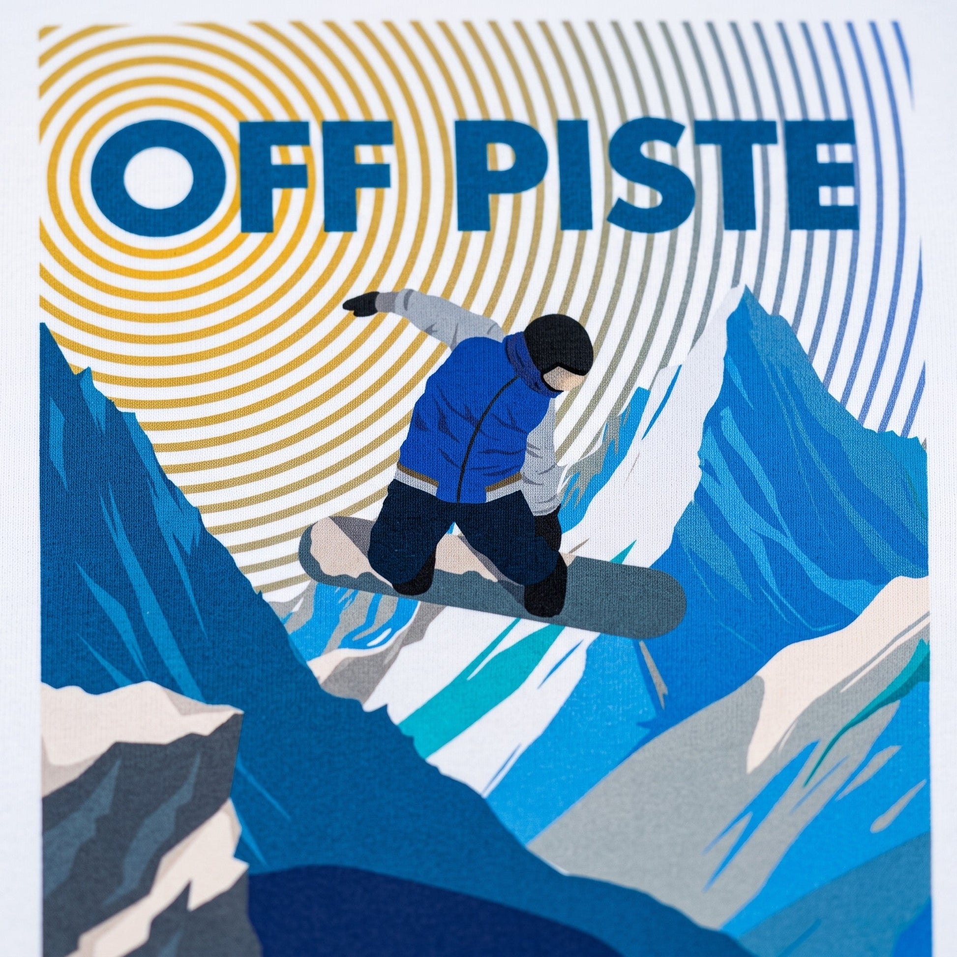 Off Piste Front Graphic Ski Crewneck Sweatshirt in White, detail view — Off Piste Alpine Tech collection