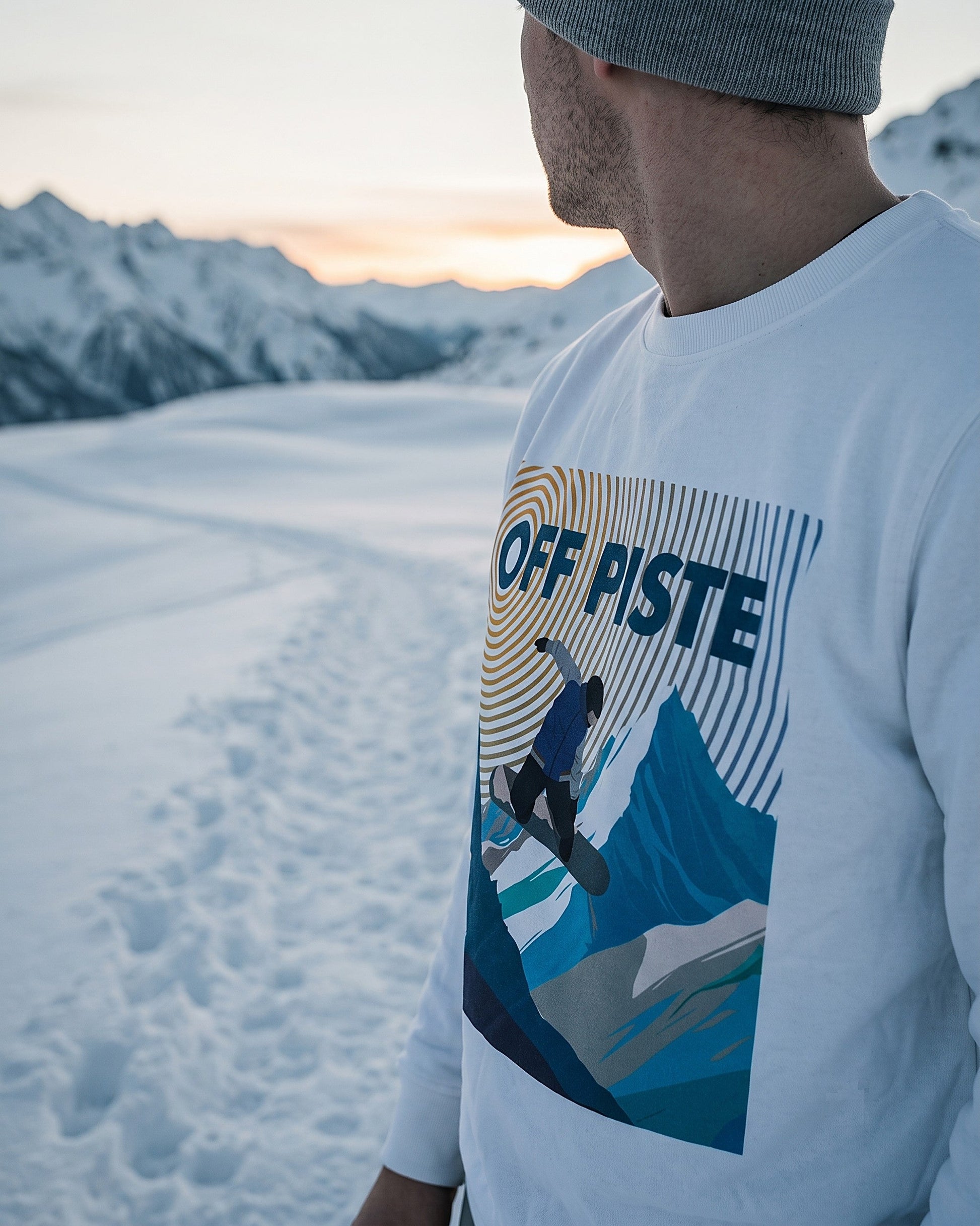 Off Piste Front Graphic Ski Crewneck Sweatshirt in White, story view — Off Piste Alpine Tech collection