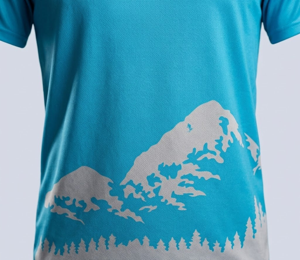 Off Piste Graphic Athletic Tee – Performance in White, detail view — Off Piste Alpine Tech collection