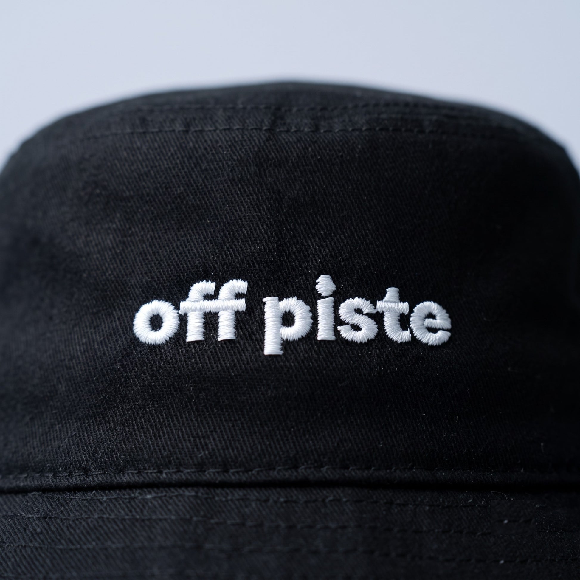 Off Piste Ski Bucket Hat – Cotton Sun Hat in Black, detail view — Off Piste Alpine Tech collection