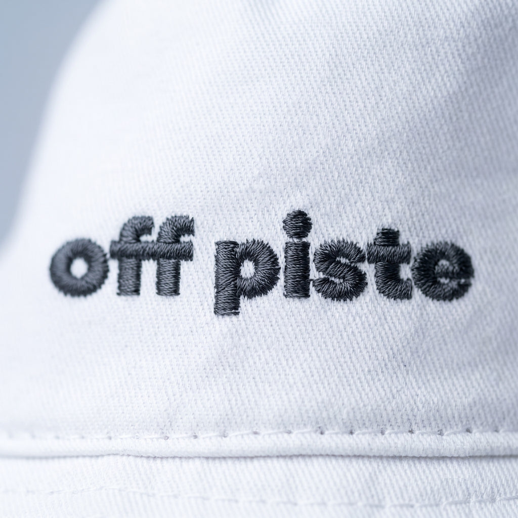 Off Piste Ski Bucket Hat – Cotton Sun Hat in White, detail view — Off Piste Alpine Tech collection