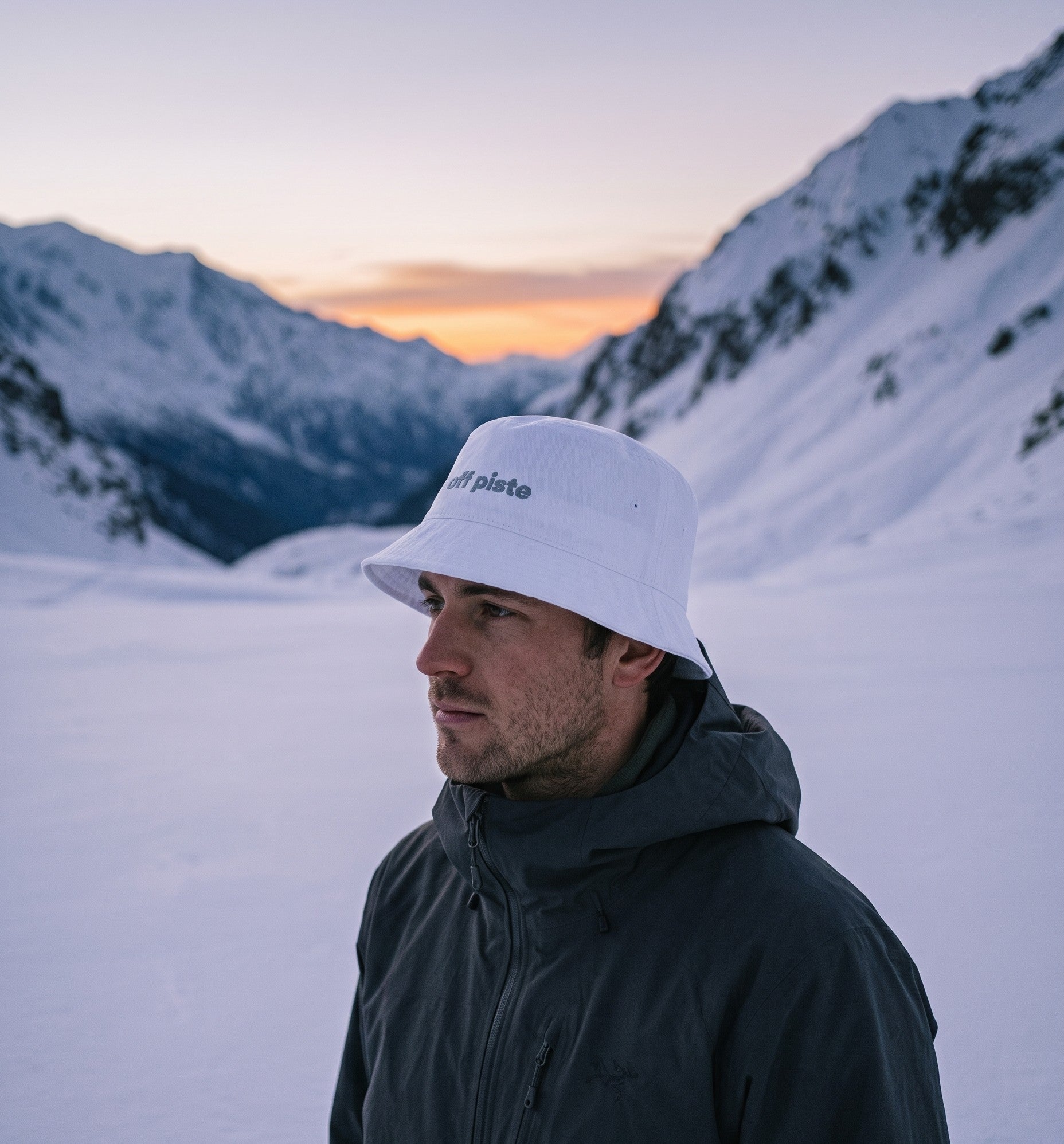 Off Piste Ski Bucket Hat – Cotton Sun Hat in White, story view — Off Piste Alpine Tech collection