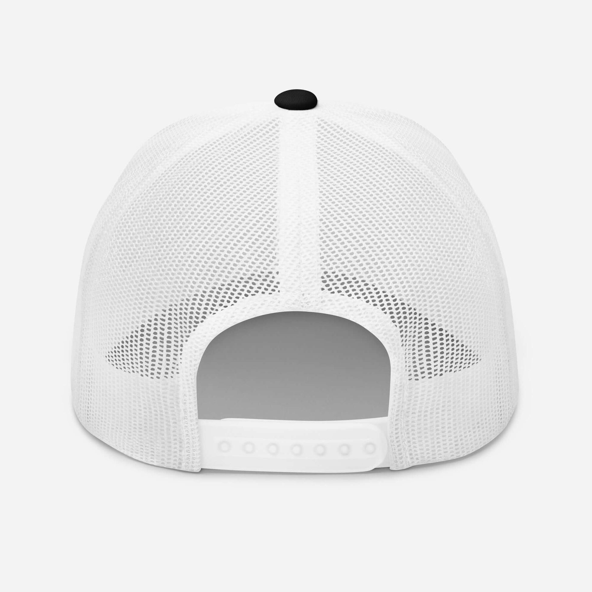 Back view of a white trucker cap with breathable mesh, ideal for outdoor adventures and active lifestyles.