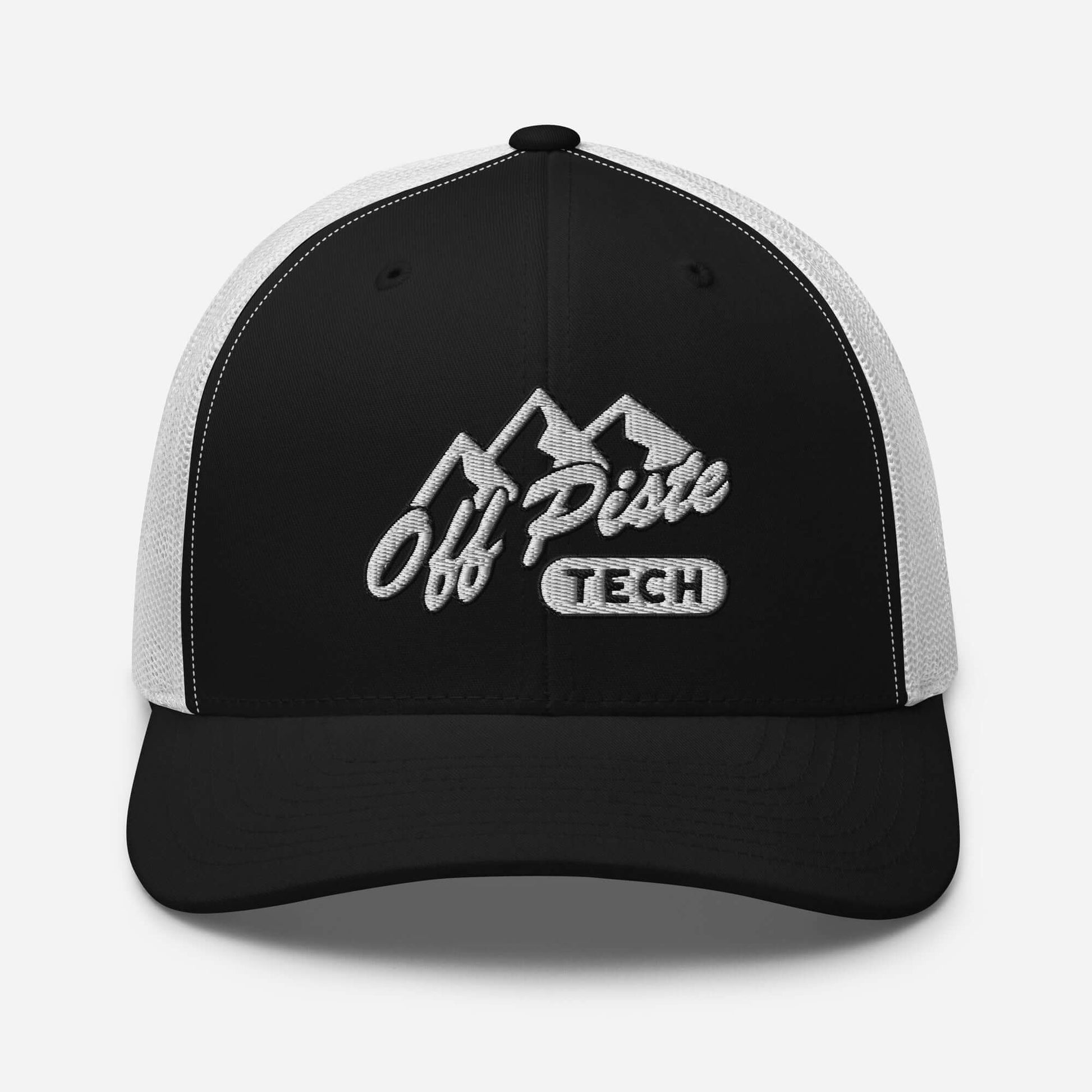 Stylish black trucker cap featuring mountain logo and "Off Piste Tech" embroidery, perfect for outdoor adventures.