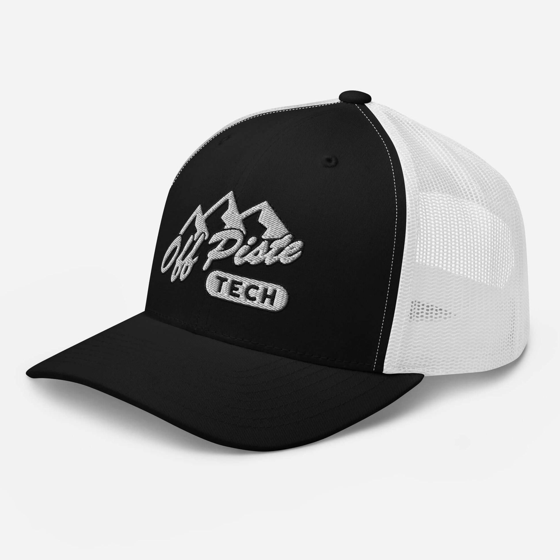 Stylish black and white trucker cap with "Off Piste Tech" logo, perfect for outdoor adventures and comfortable wear.