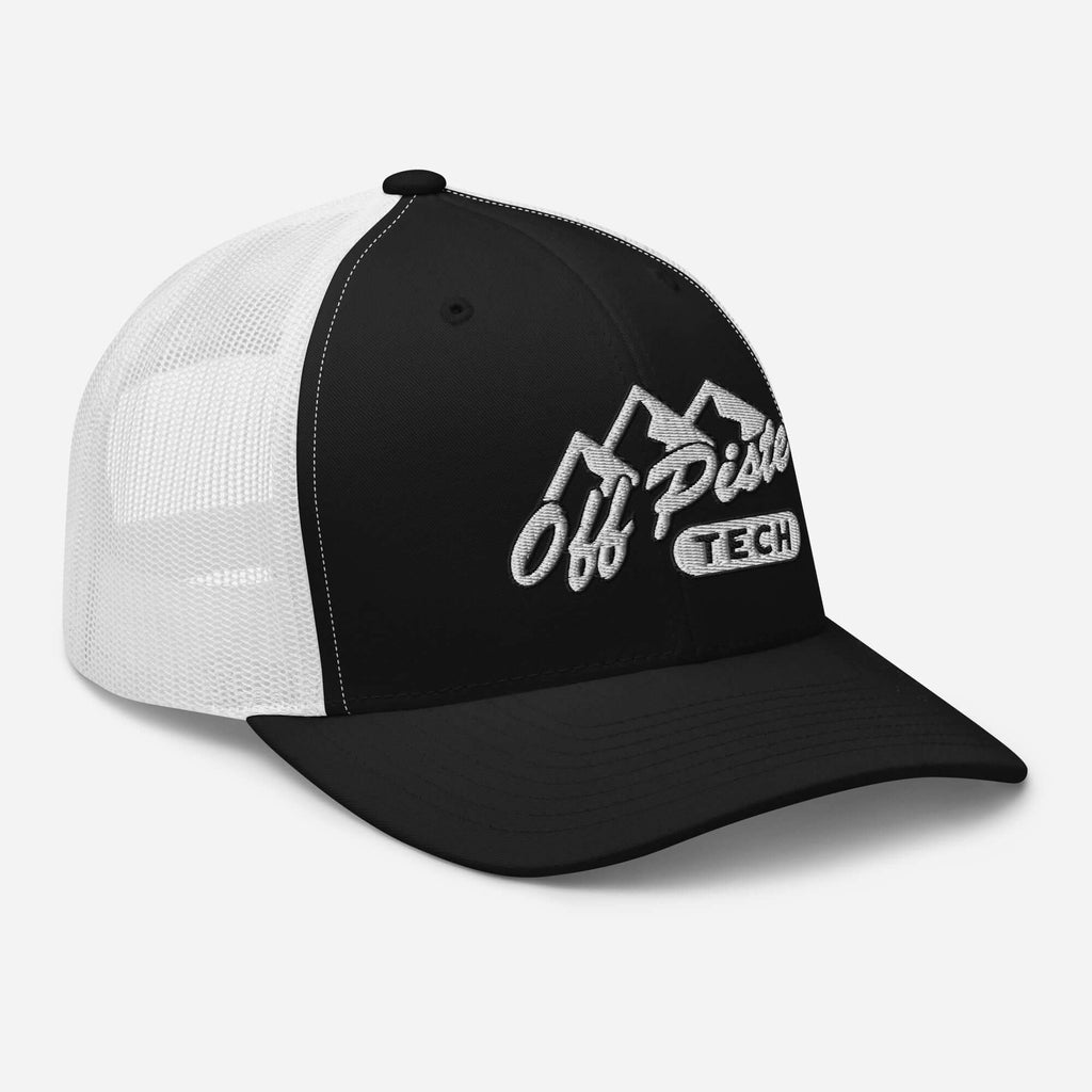 Black and white trucker cap with "Off Piste Tech" logo and mountain design, perfect for outdoor adventures.