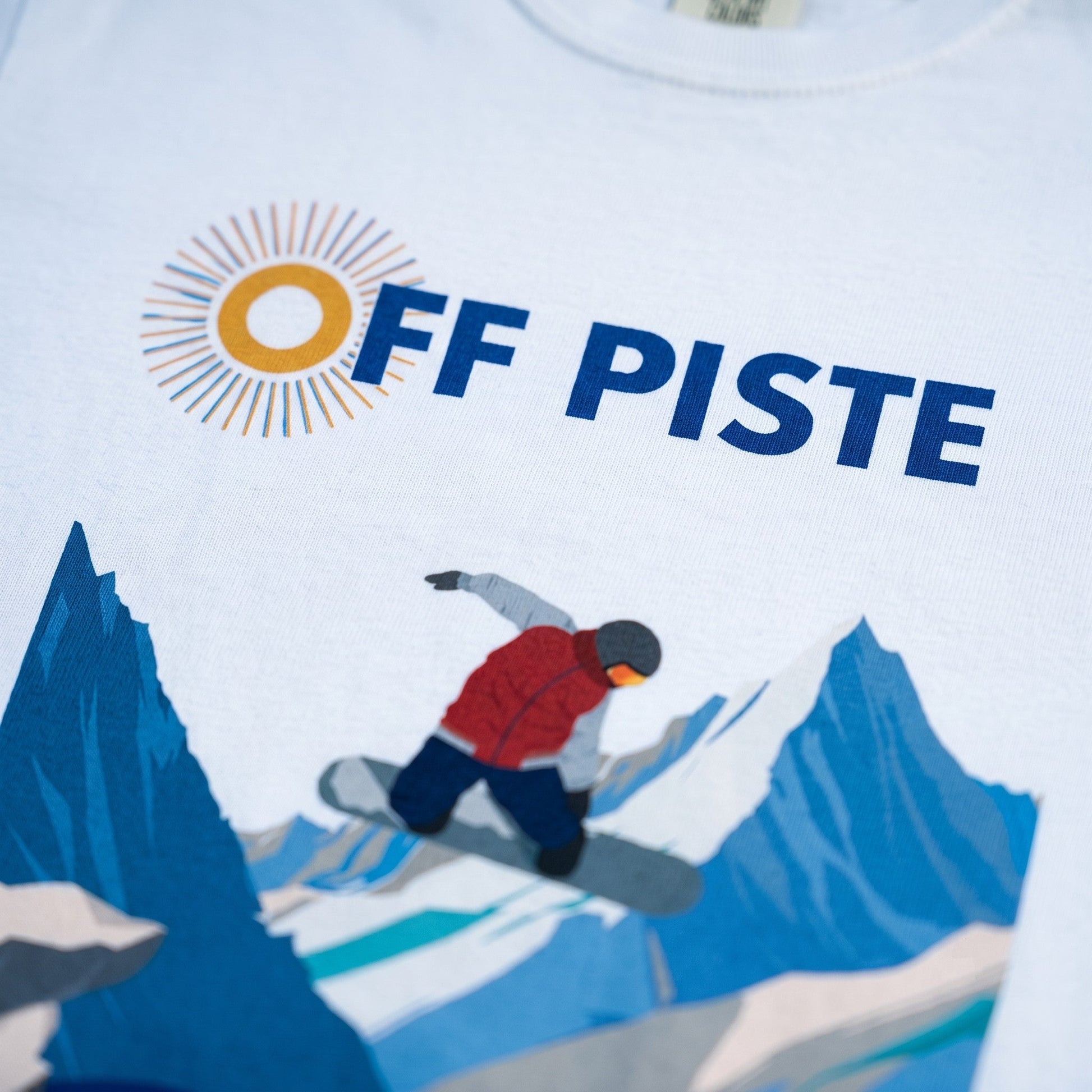 Off Piste Signature Heavyweight Garment-Dyed Graphic Tee in White, detail view — Off Piste Alpine Tech collection