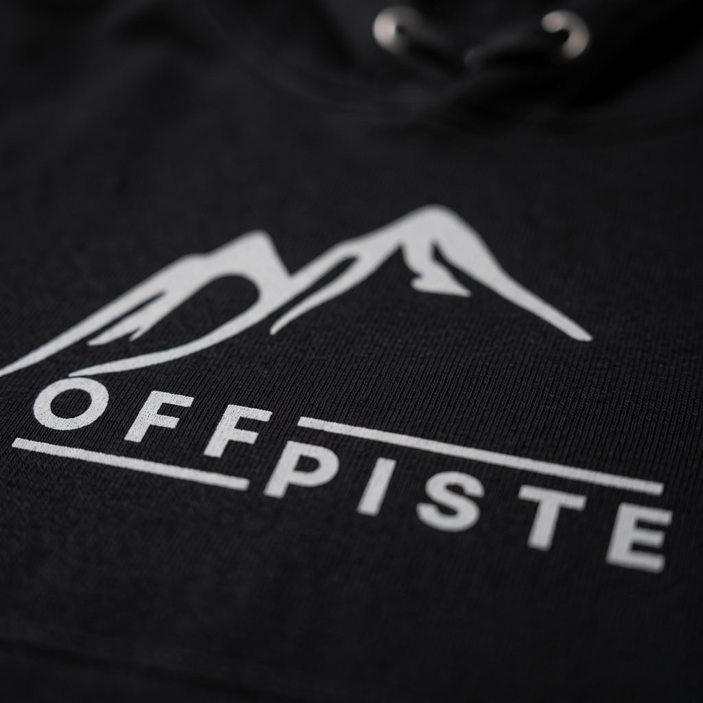 Off Piste Logo Ski Hoodie in Black, detail view — Off Piste Alpine Tech collection