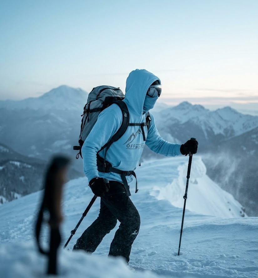 Off Piste Logo Ski Hoodie in Ice, story view — Off Piste Alpine Tech collection