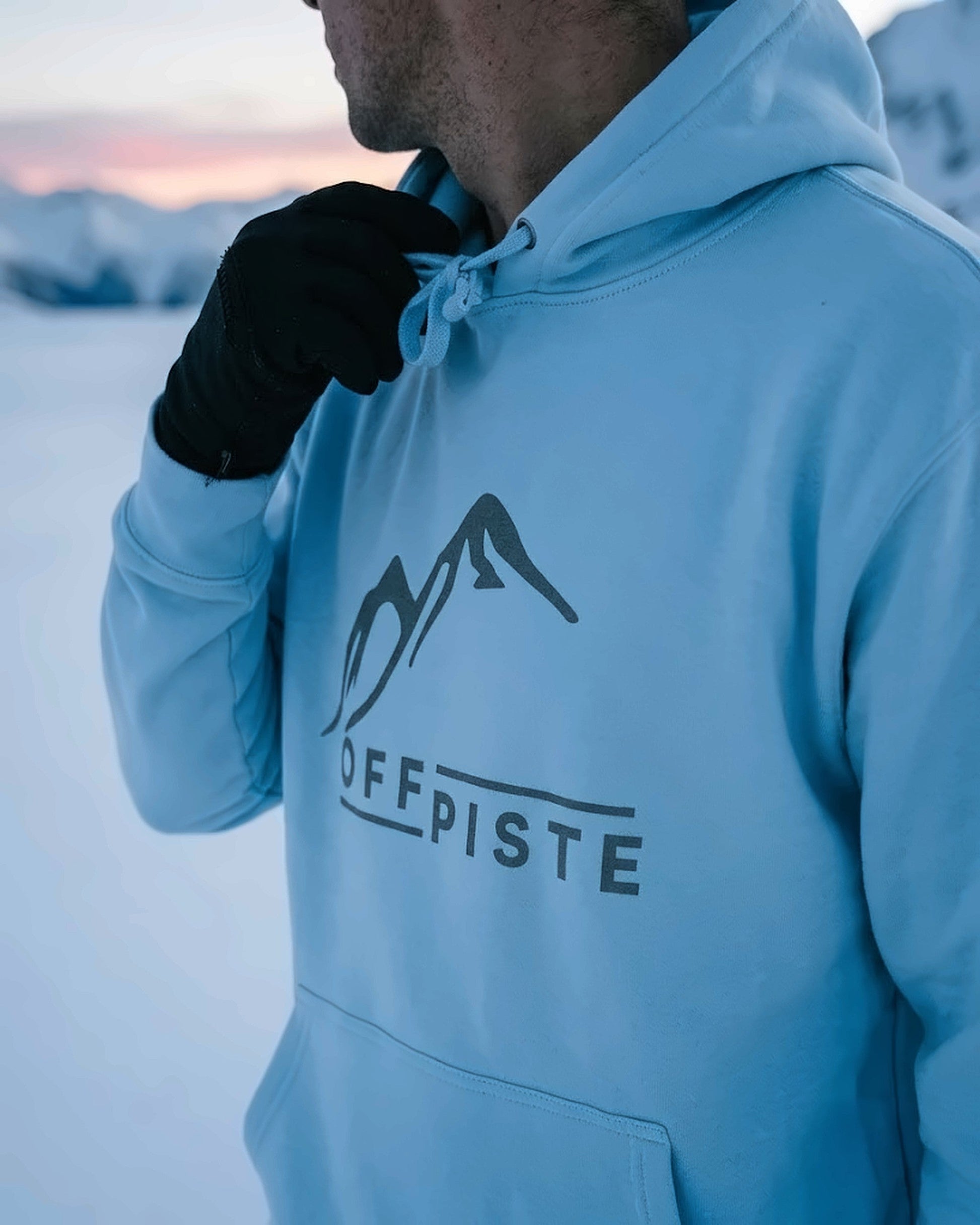 Off Piste Logo Ski Hoodie in Ice, story view — Off Piste Alpine Tech collection