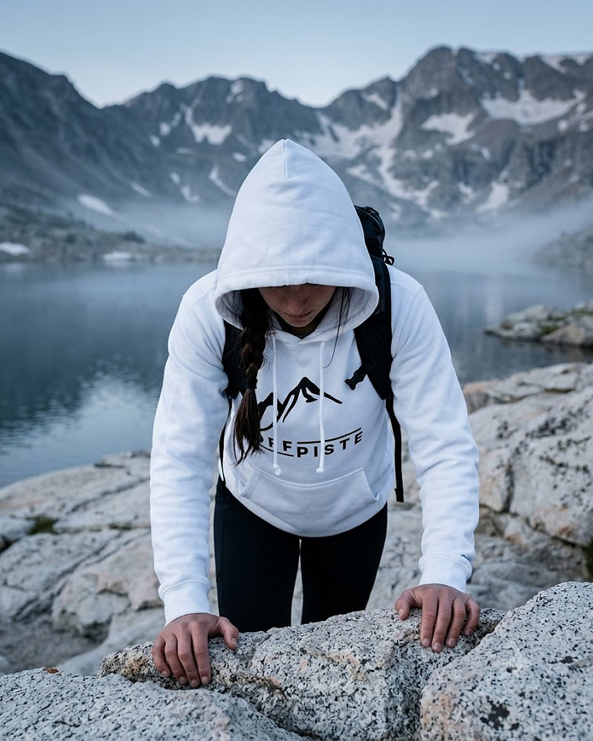 Off Piste Logo Ski Hoodie in White, story view — Off Piste Alpine Tech collection